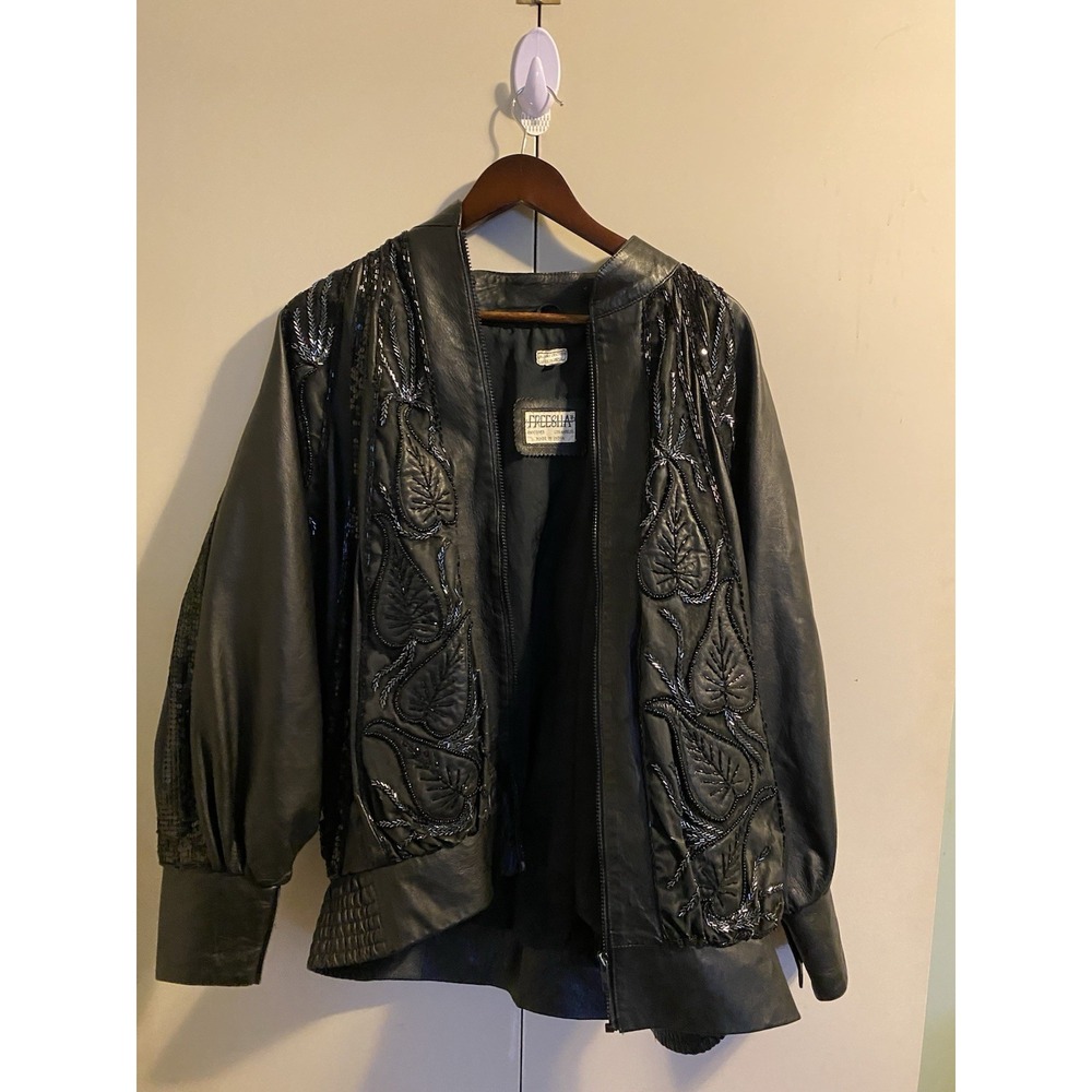Vintage 80s Freesha Beaded Leather Jacket Batwing Sequin Paisley Punk Glam M